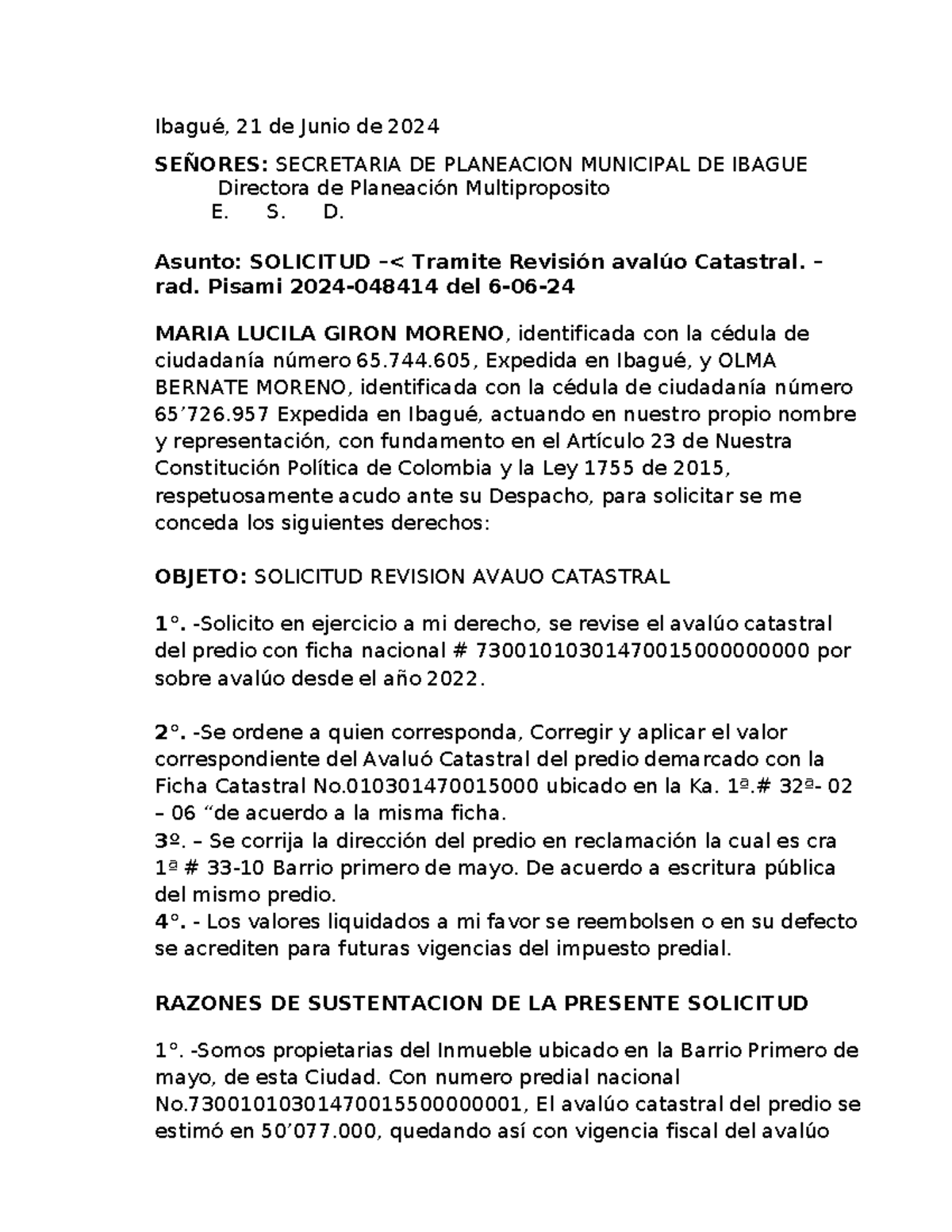 Solicitud de Revisión del Avalúo Catastral - Barrio Primero de Mayo - Document Preview
