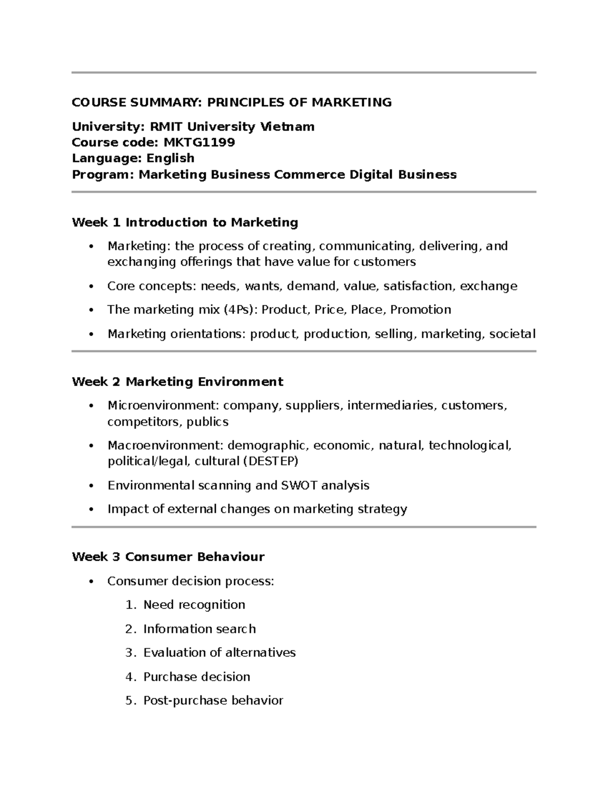 MKTG1199 Course Summary: Principles of Marketing Overview - Studocu