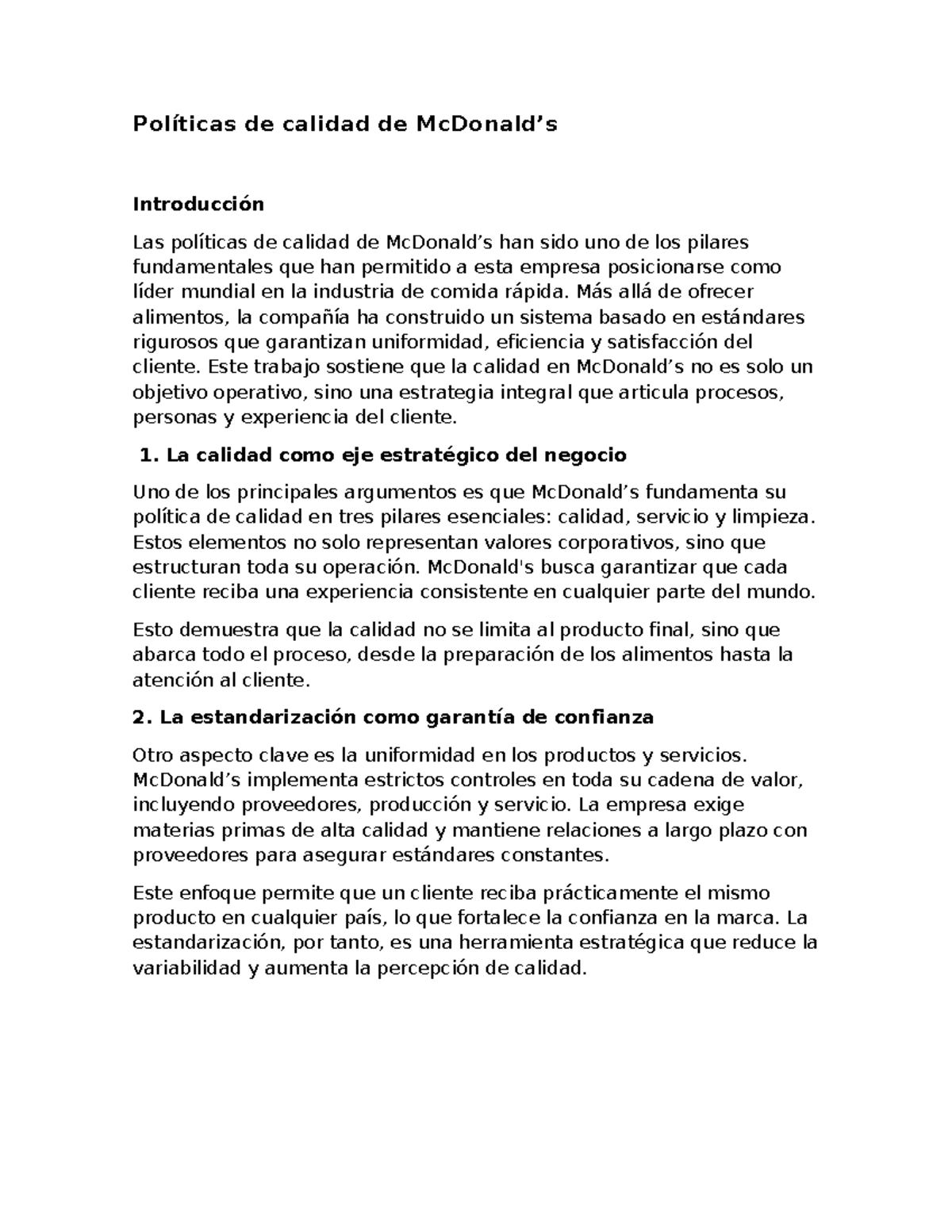 Políticas de Calidad de McDonald's: Estrategias y Mejora Continua - Studocu