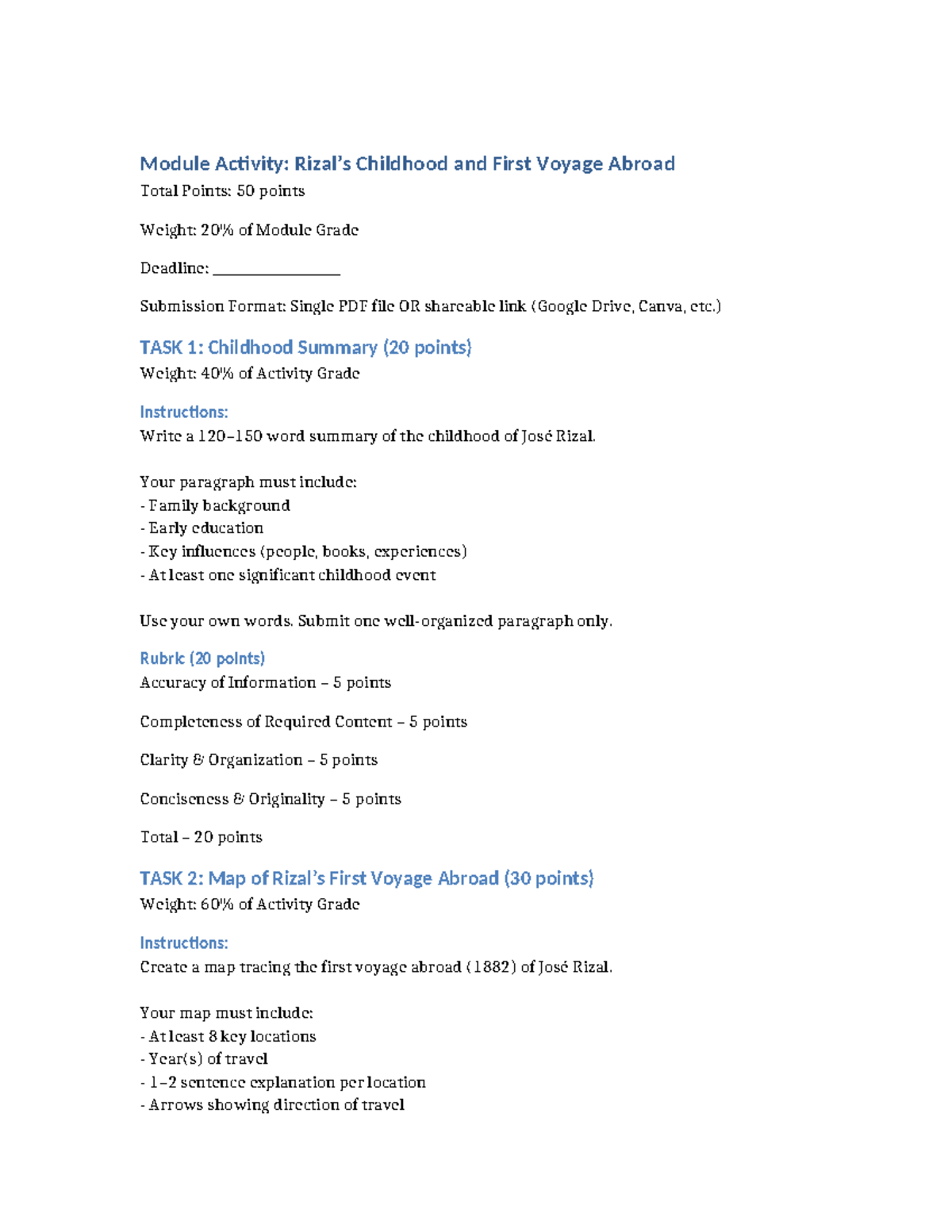Rizal Module Activity: Childhood Summary & First Voyage Map - Studocu