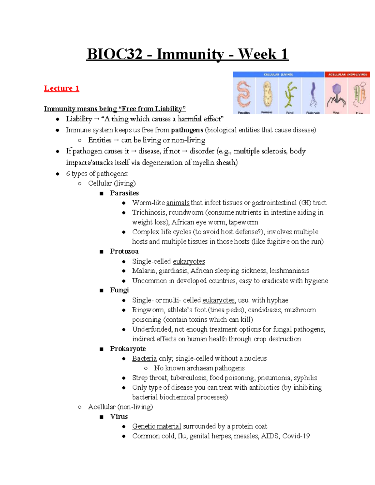BIOC32 - Week 1 Lecture: Overview of Immunity and Pathogens - Studocu