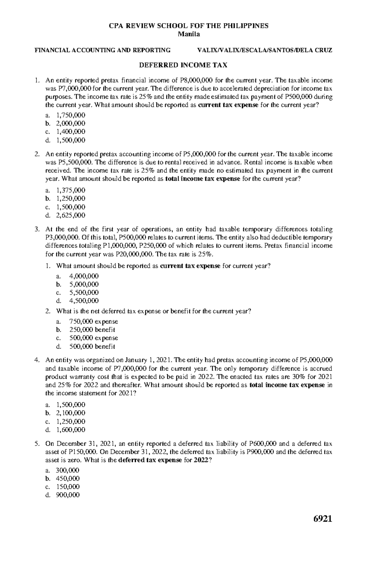Deferred Income Tax - CPA 6921 Review Guide and Sample Problems - Studocu