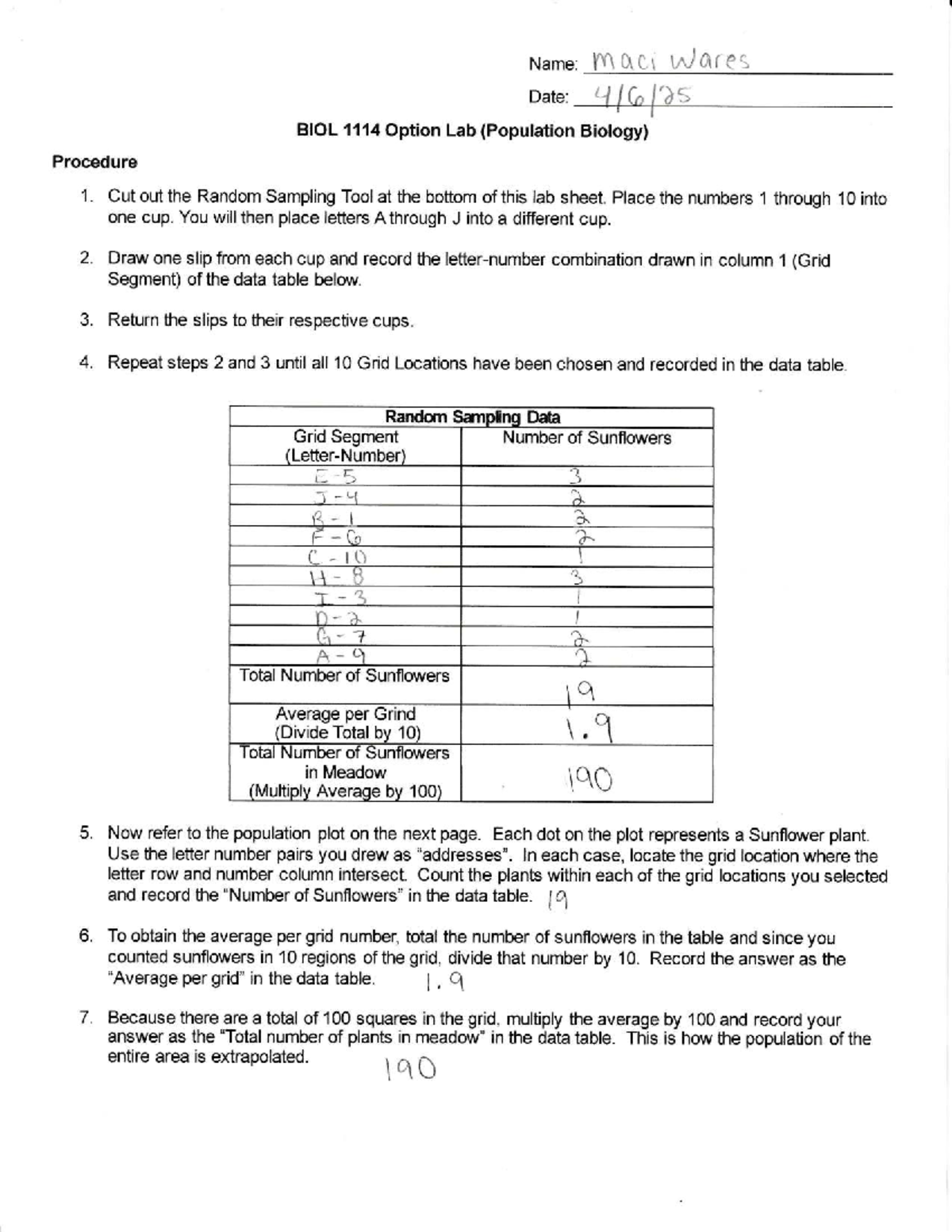 BIOL 1114 Optional Lab: Population Biology Sampling Procedure - Studocu