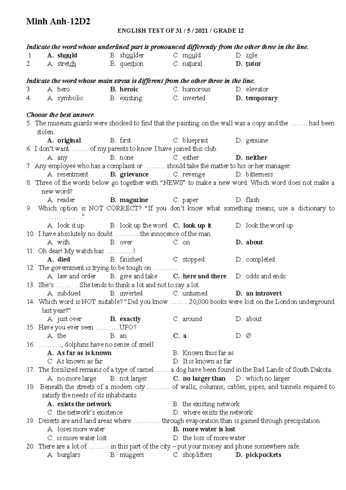 Grade 12 English Test - May 31, 2021 - Comprehensive Exercises - Studocu