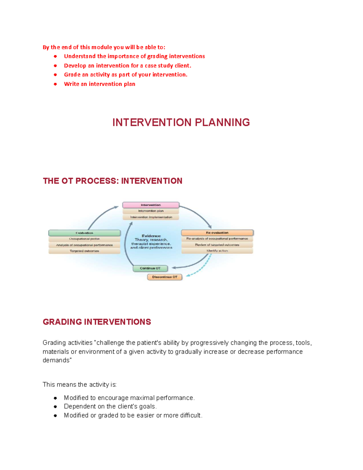 PEO 10: Intervention Planning and Grading Activities in OT - Studocu