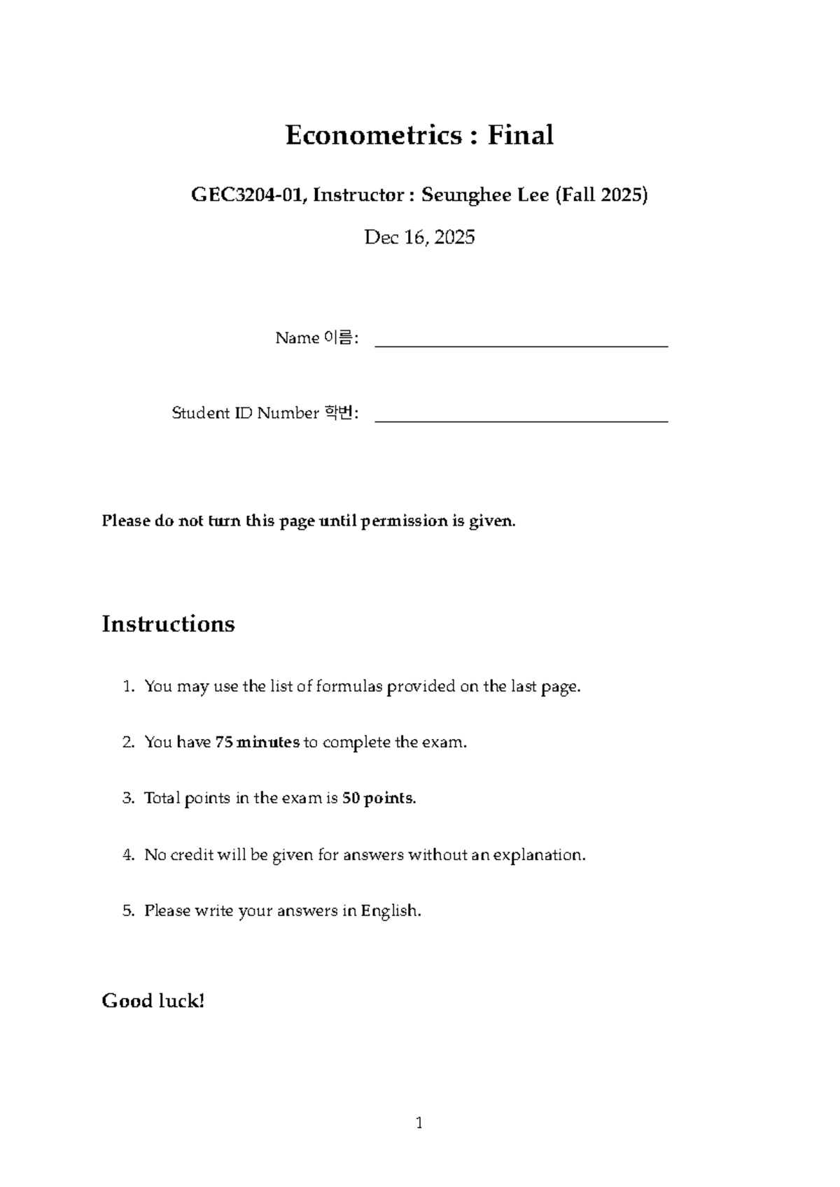 Econometrics FA25: Final Exam Instructions and Questions - Studocu