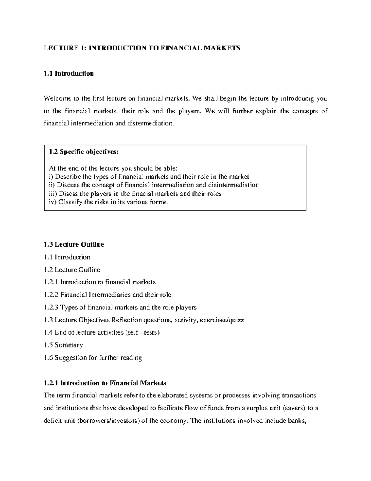 Introduction to Financial Markets - LECTURE 1: INTRODUCTION TO ...