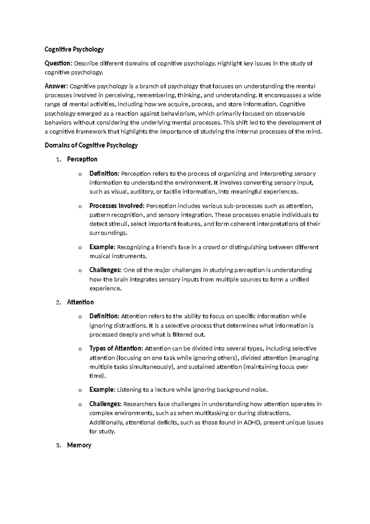 Domains and Key Issues in Cognitive Psychology: An Overview - Studocu