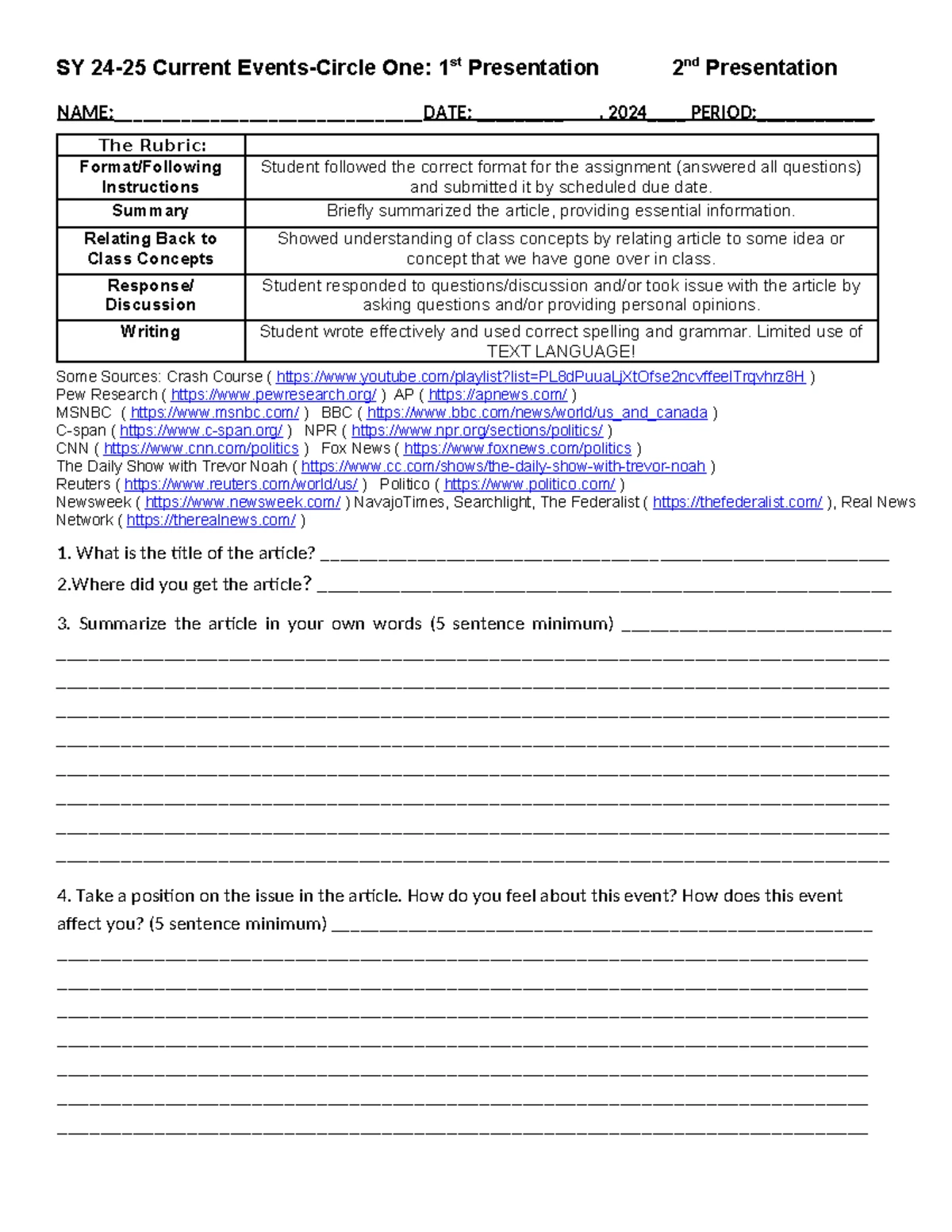 CNN10-Reflection Worksheet: Weekly News Story Summary - Studocu