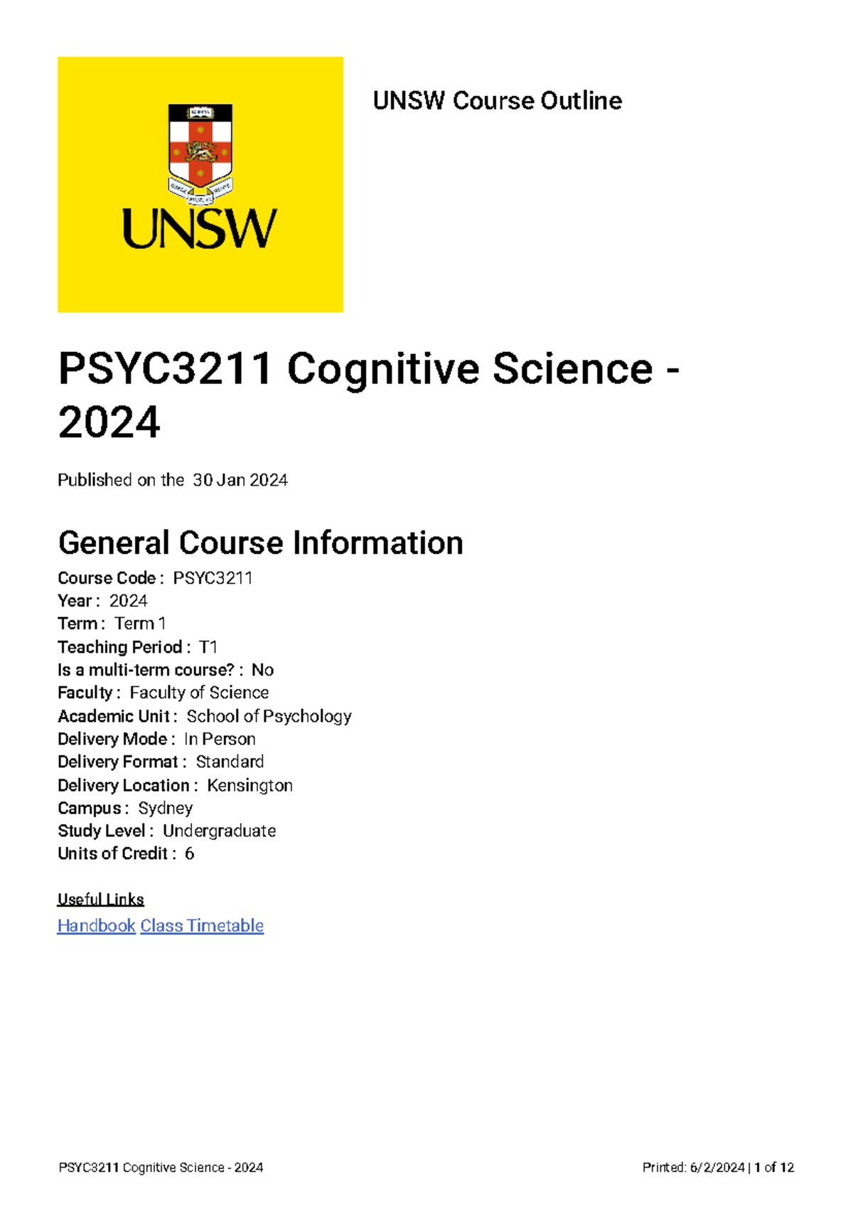 CO PSYC3211 2024 Term 1 Cognitive Science Course Outline - Studocu