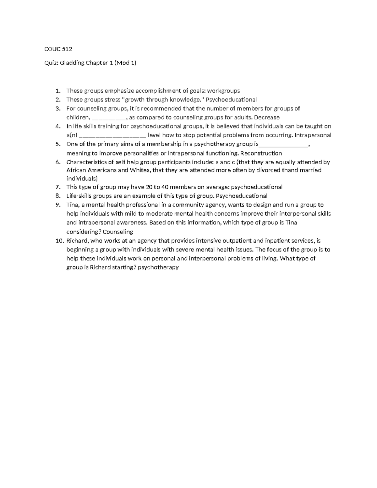 COUC512 Chapter 1 Quiz - Gladding Practice Questions and Answers - Studocu