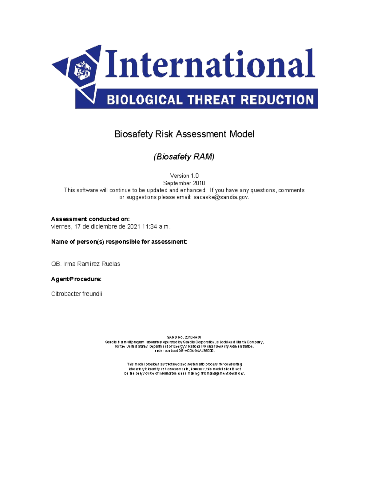 Biosafety Risk Assessment Model (BioRAM 2.0) for Citrobacter freundii ...