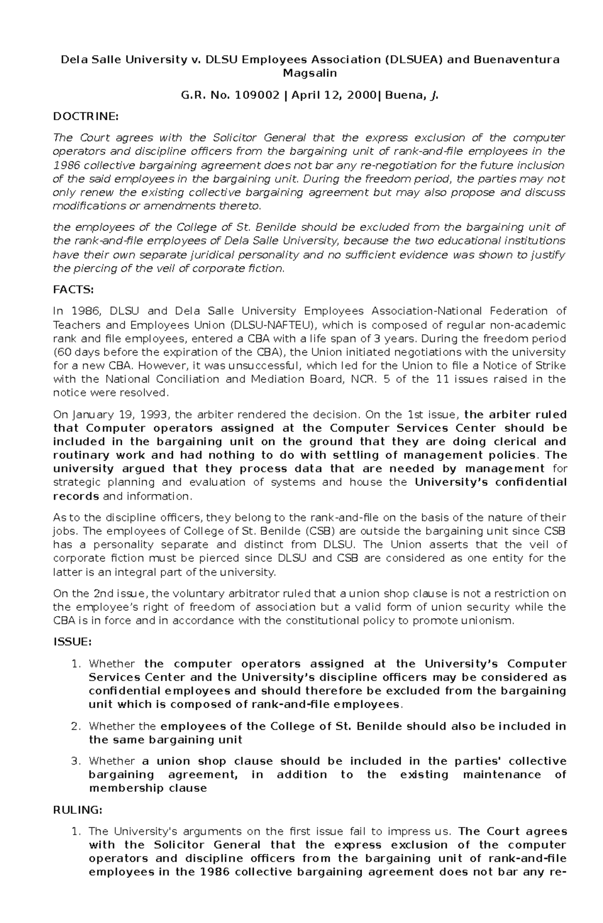 Dela Salle University v. DLSU Employees Association ( Dlsuea) and ...