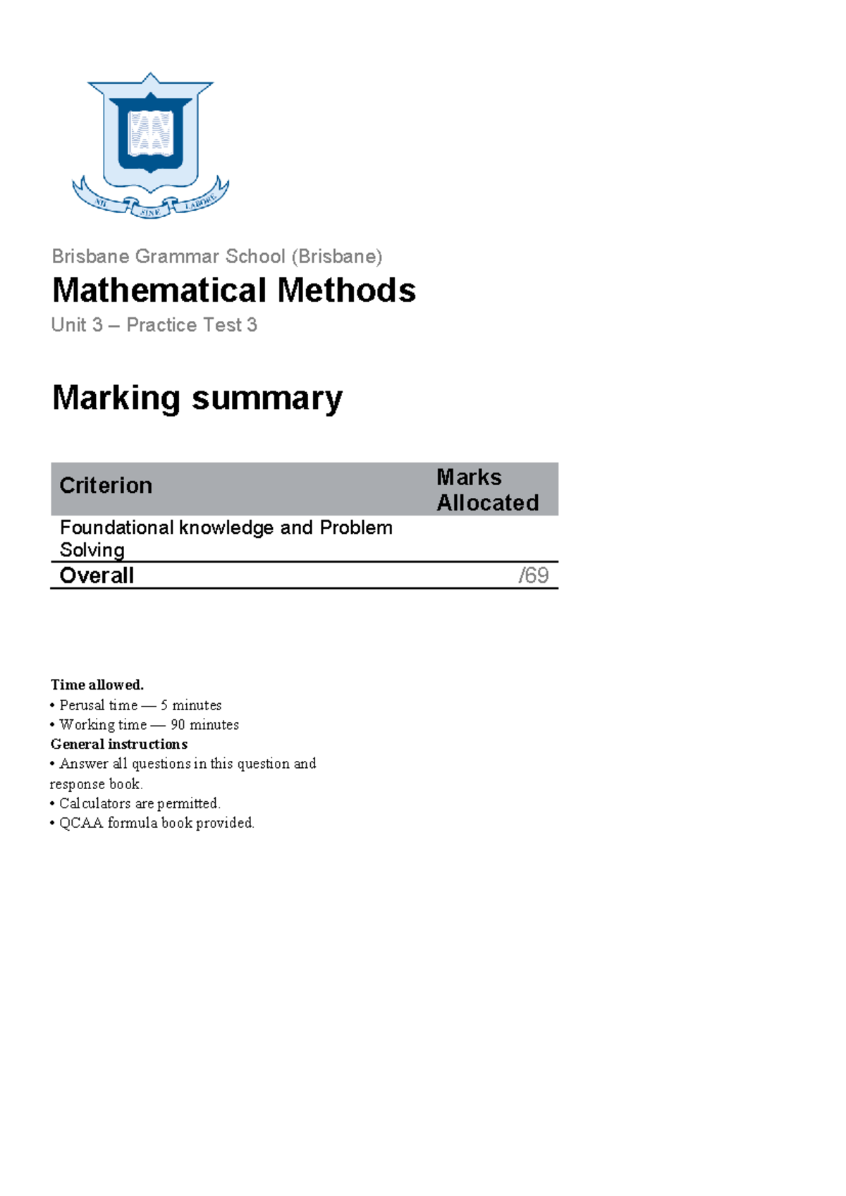 Mathematical Methods Unit 3 Practice Exam 3 - Marking Summary - Studocu