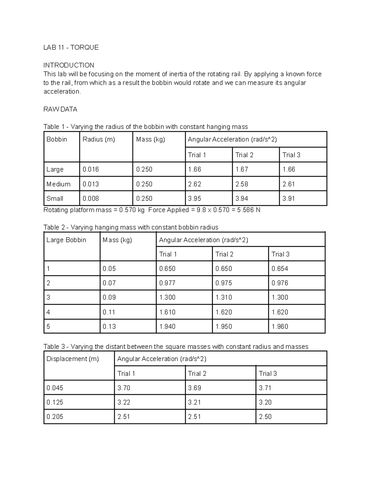 PHYS 123 Lab #11 - Laboratory Answers and Data - LAB 11 - TORQUE ...
