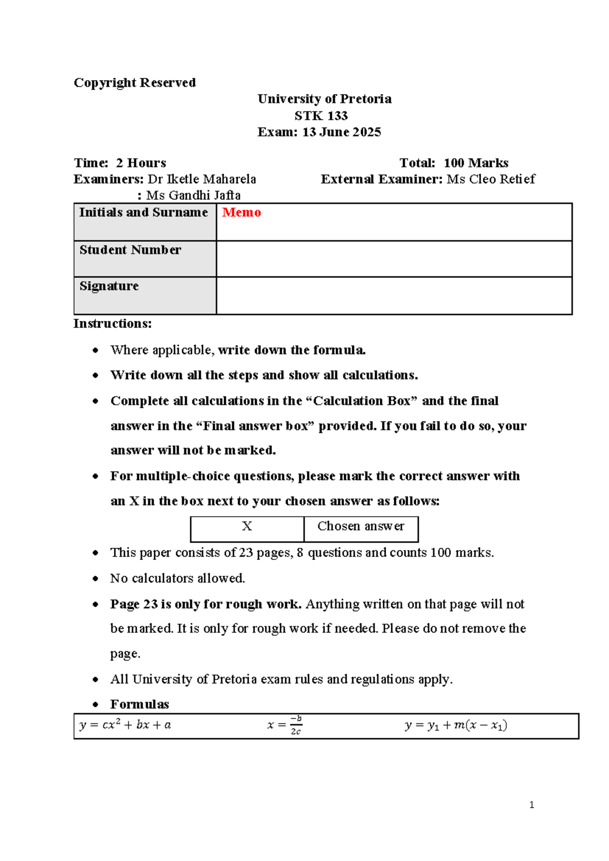 STK 133 Exam 2025: Comprehensive Memo and Practice Material - Studocu