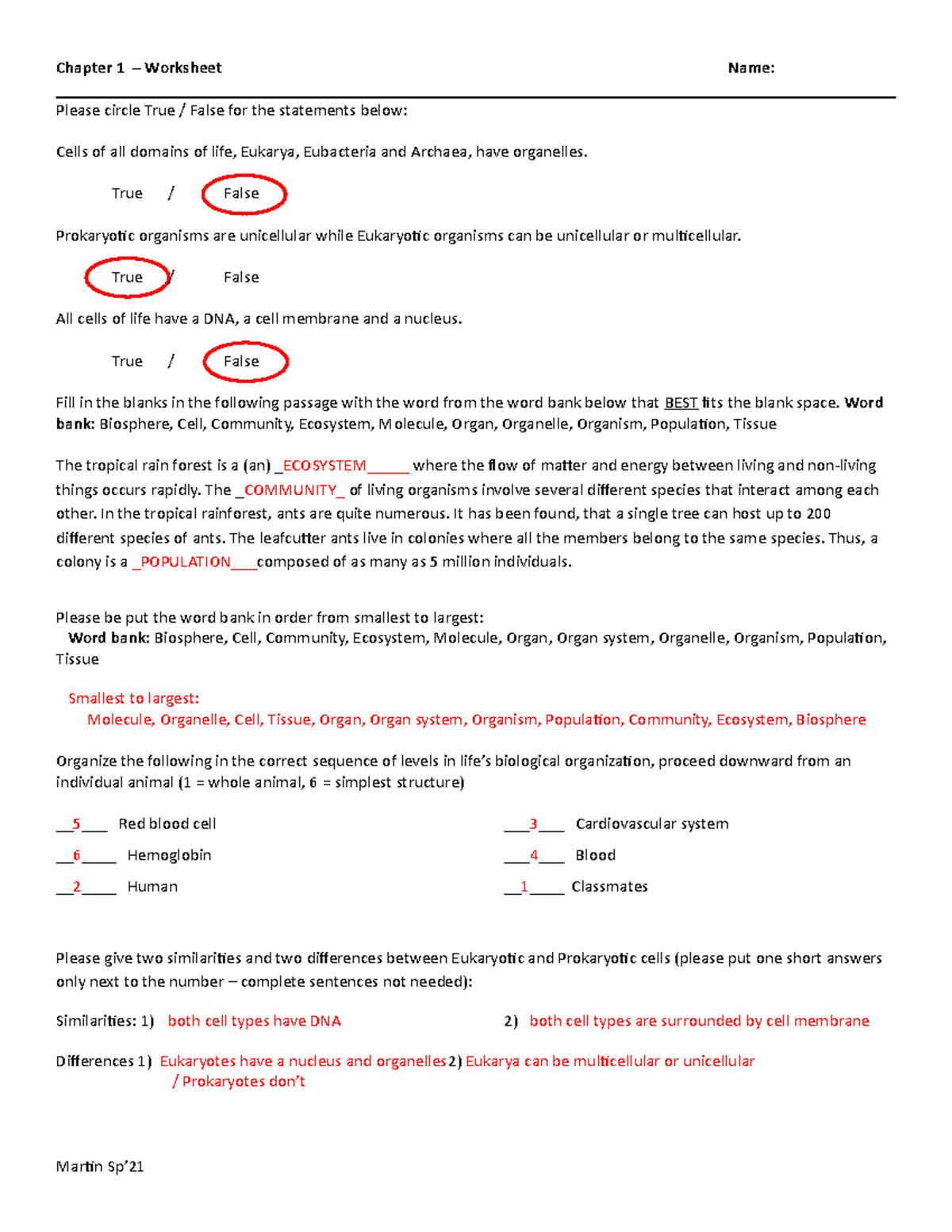 Chapter 1 Worksheet: Understanding Life's Characteristics and Taxonomy ...