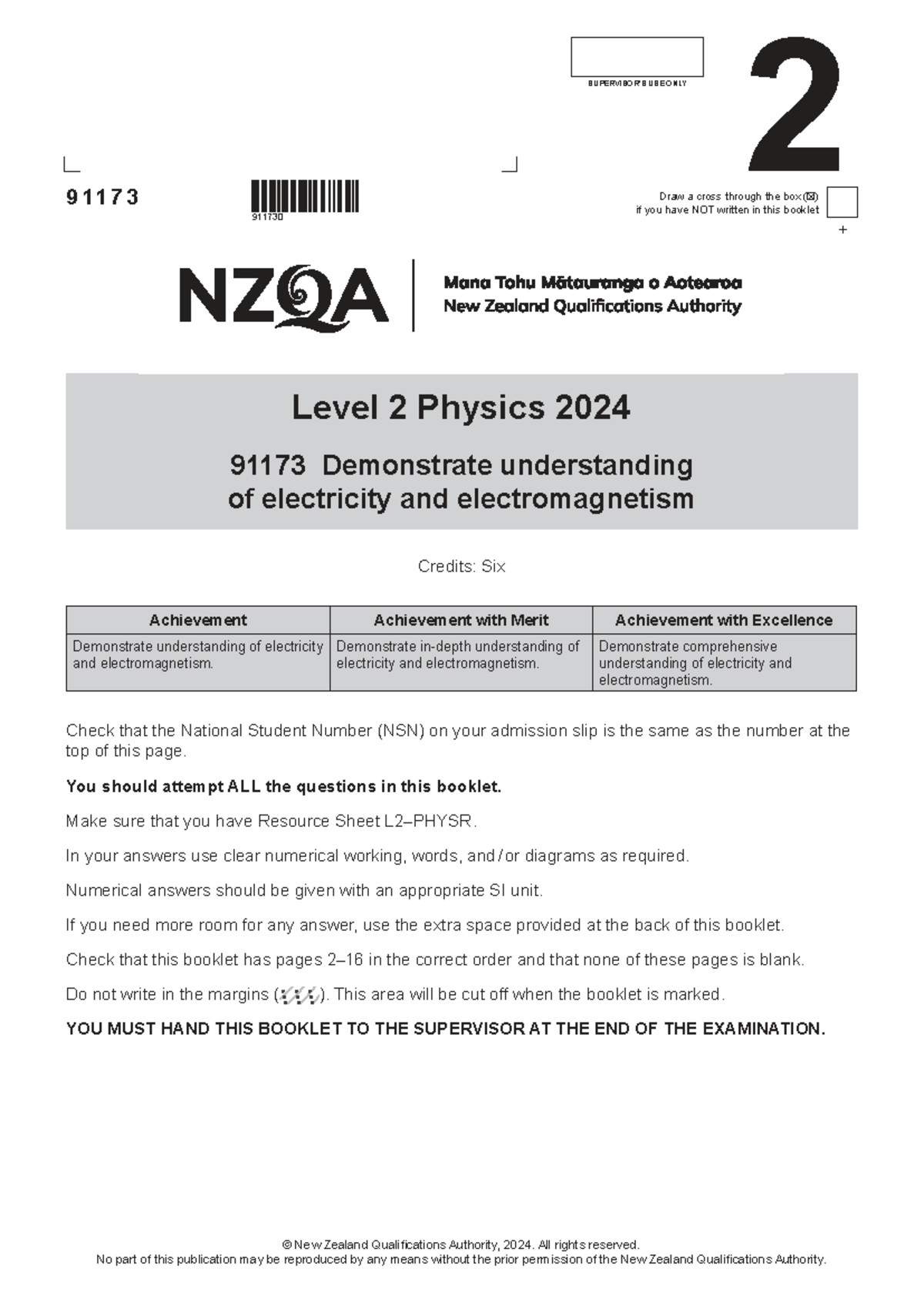 Physics 91173 Level 2 Exam 2024: Electricity & Electromagnetism - Studocu