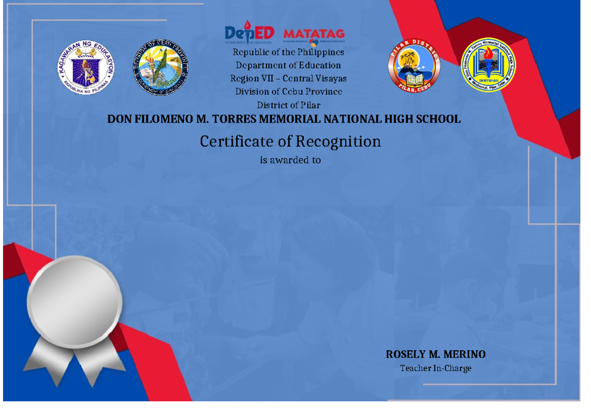 Certificate Of Recognition For Grade 12 Learners Don Filomeno M 