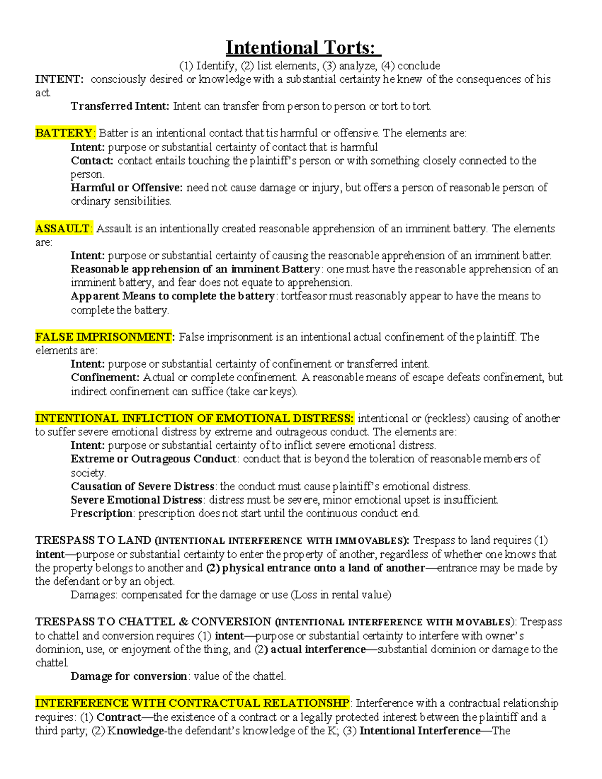 Torts Outline: Key Concepts and Elements for Exam Preparation - Studocu