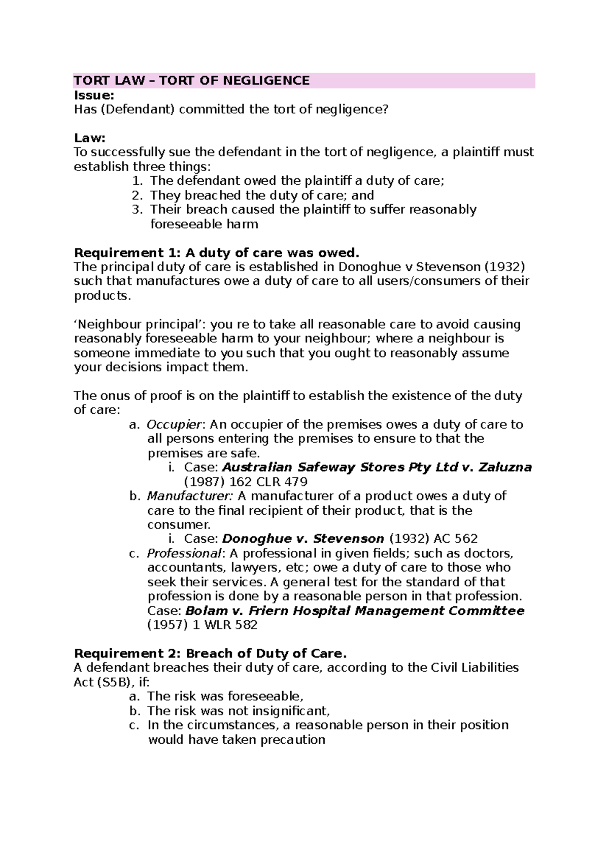 TORT LAW - Summary of Negligence and Defenses (TORT) - Studocu