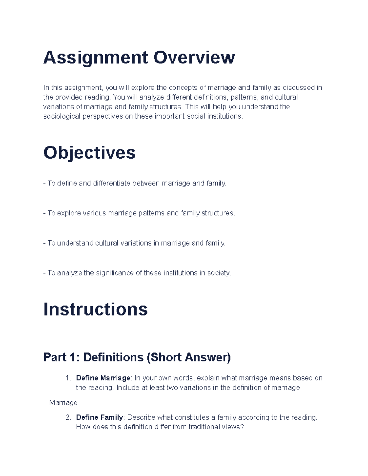 Understanding Marriage and Family - Assignment Overview In this ...
