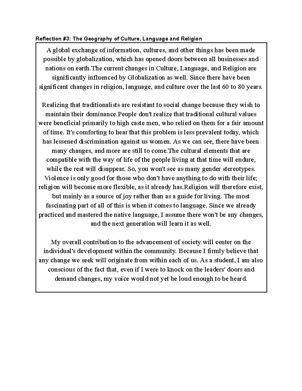 SSE Ref #3 - Reflection on Cultural, Language, and Religious Geography ...