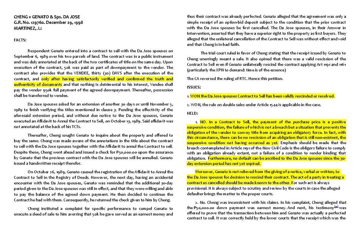 Cheng v Genato: Analysis of Contract to Sell & Double Sales Rule - Studocu