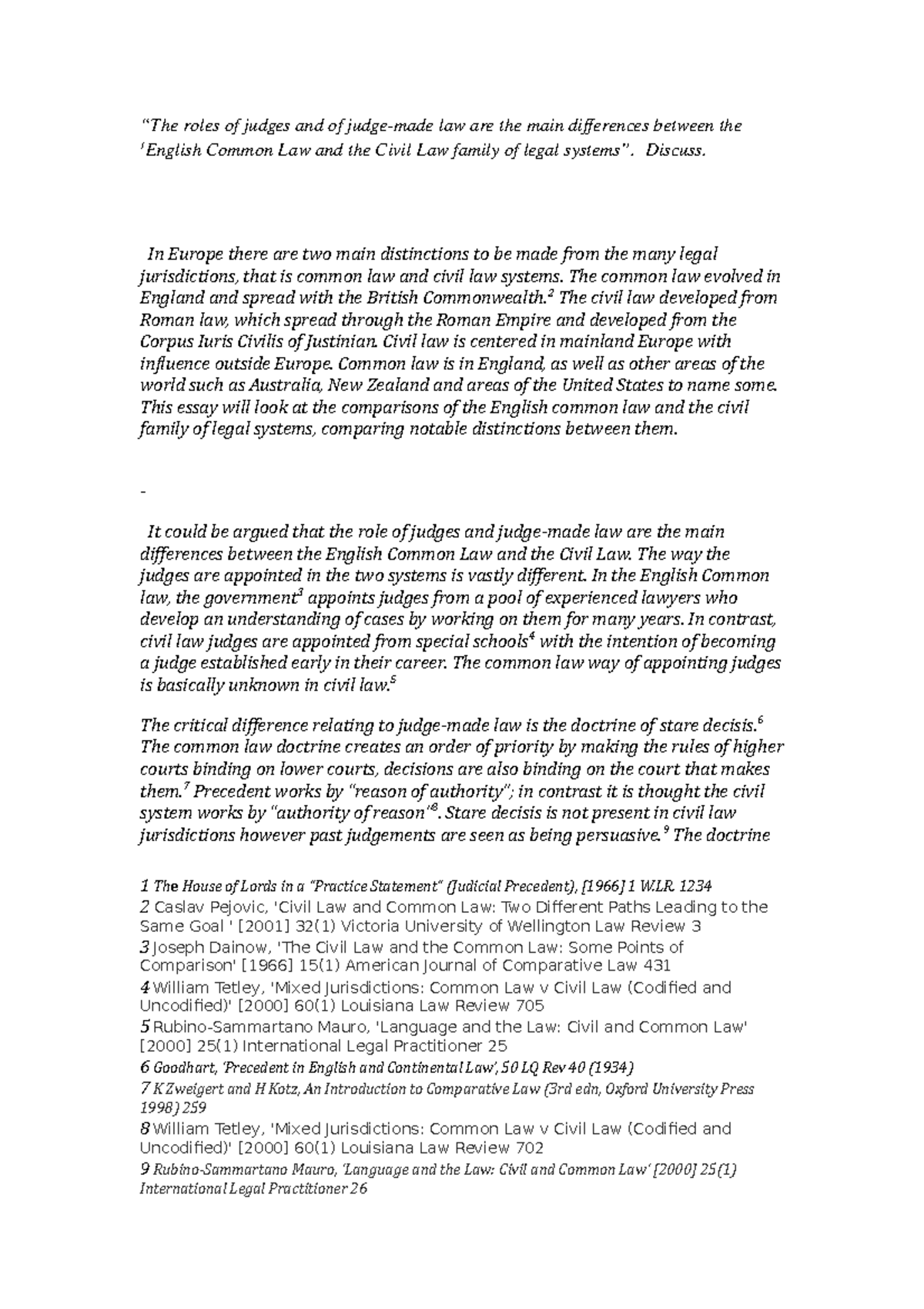 Comparative Law Essay: Distinctions Between Common and Civil Law - Studocu