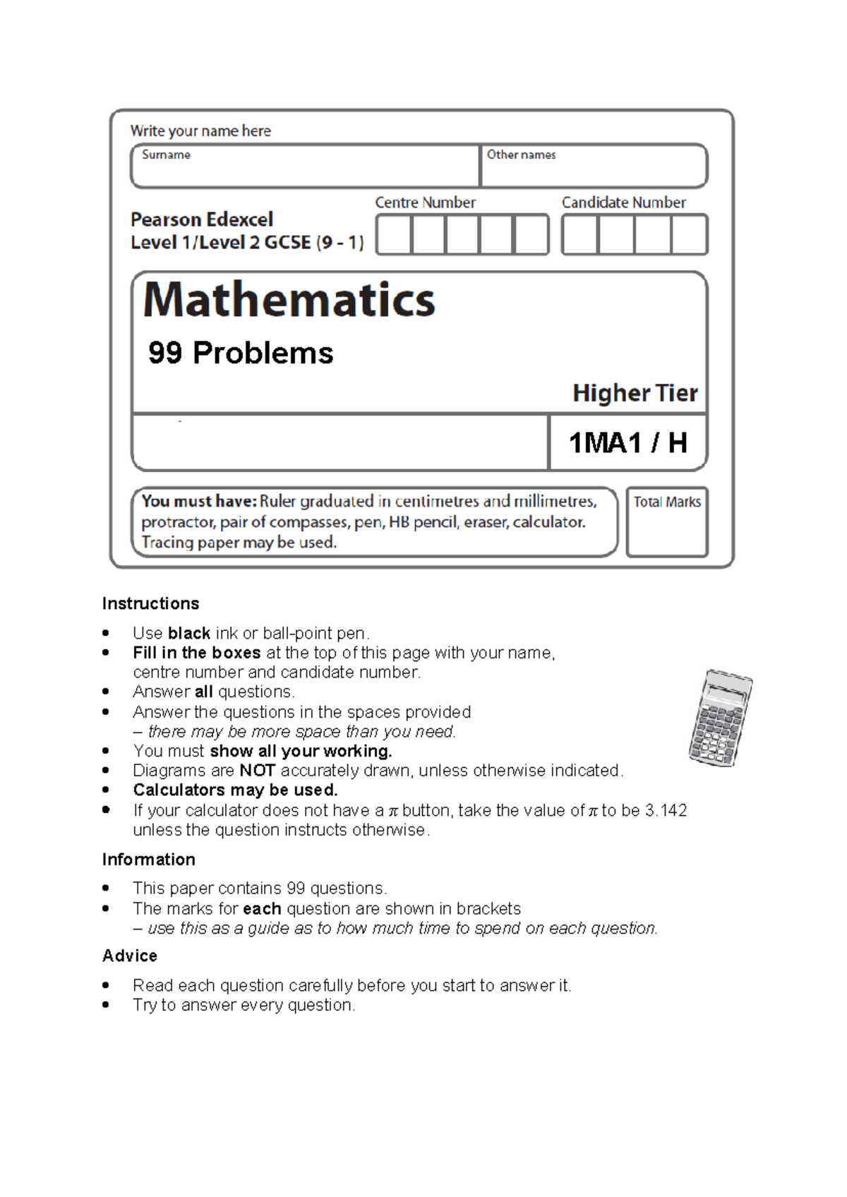 GCSE 1MA1 99 Problems (Higher Tier) Exam Instructions and Guidance ...