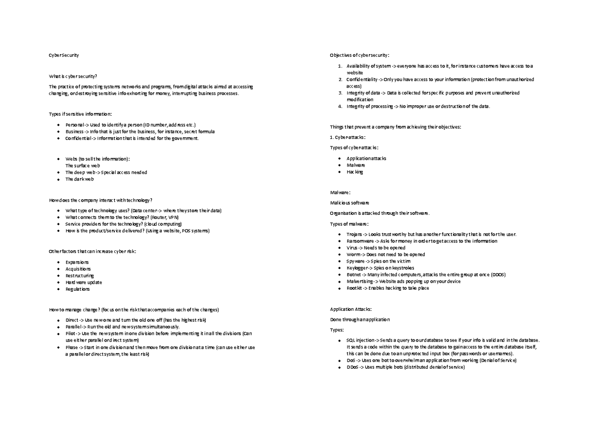 Cyber Security Class Notes: Understanding Threats & Protections - Studocu