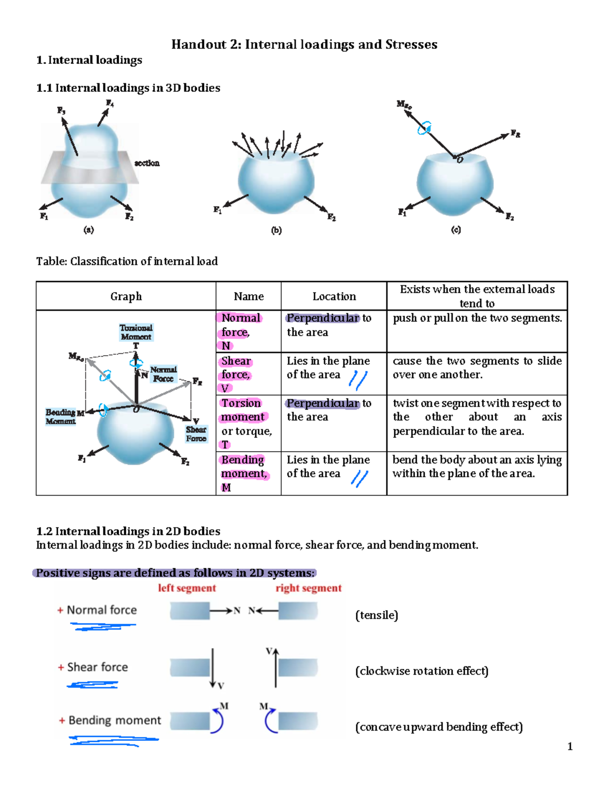 Biomechanics Handout 2: Internal Loadings & Stresses Analysis - Studocu