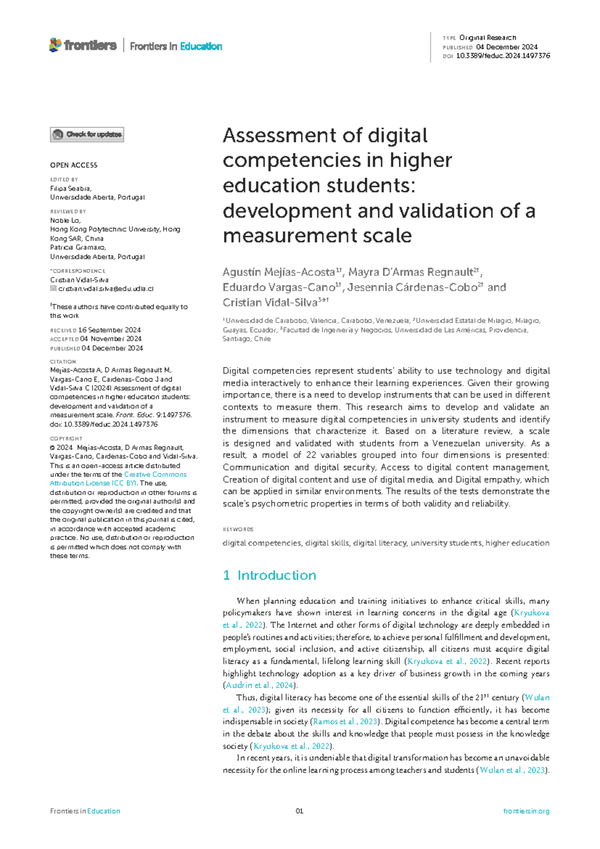 Assessment of Digital Competencies in Higher Education Students: Scale ...