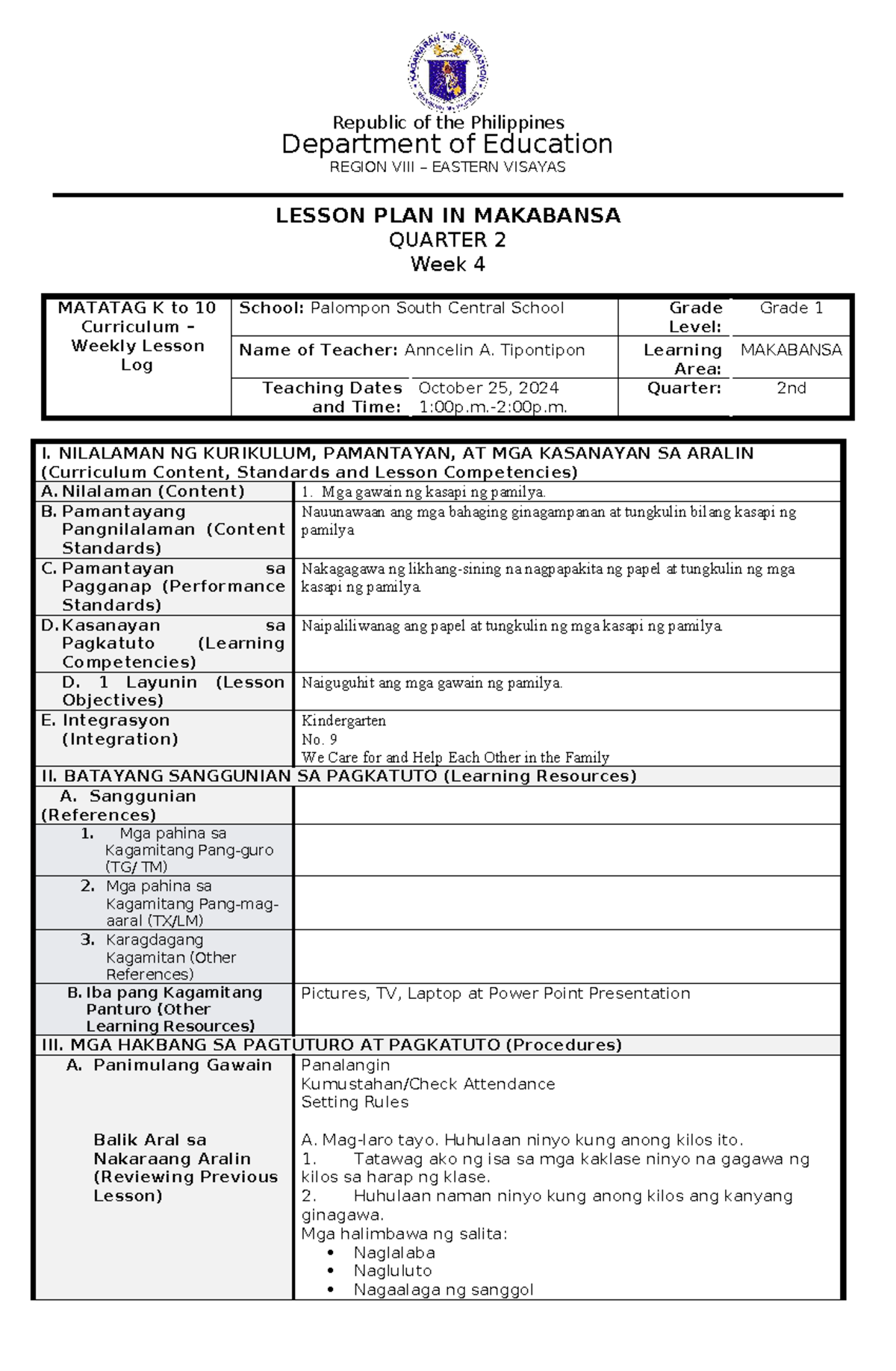 Makabansa Q2 Week 4 Lesson Plan for Grade 1 - F…