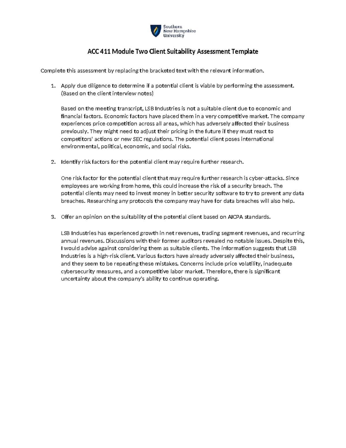 ACC 411 Module Two Client Suitability Assessment Template - 1. Apply ...