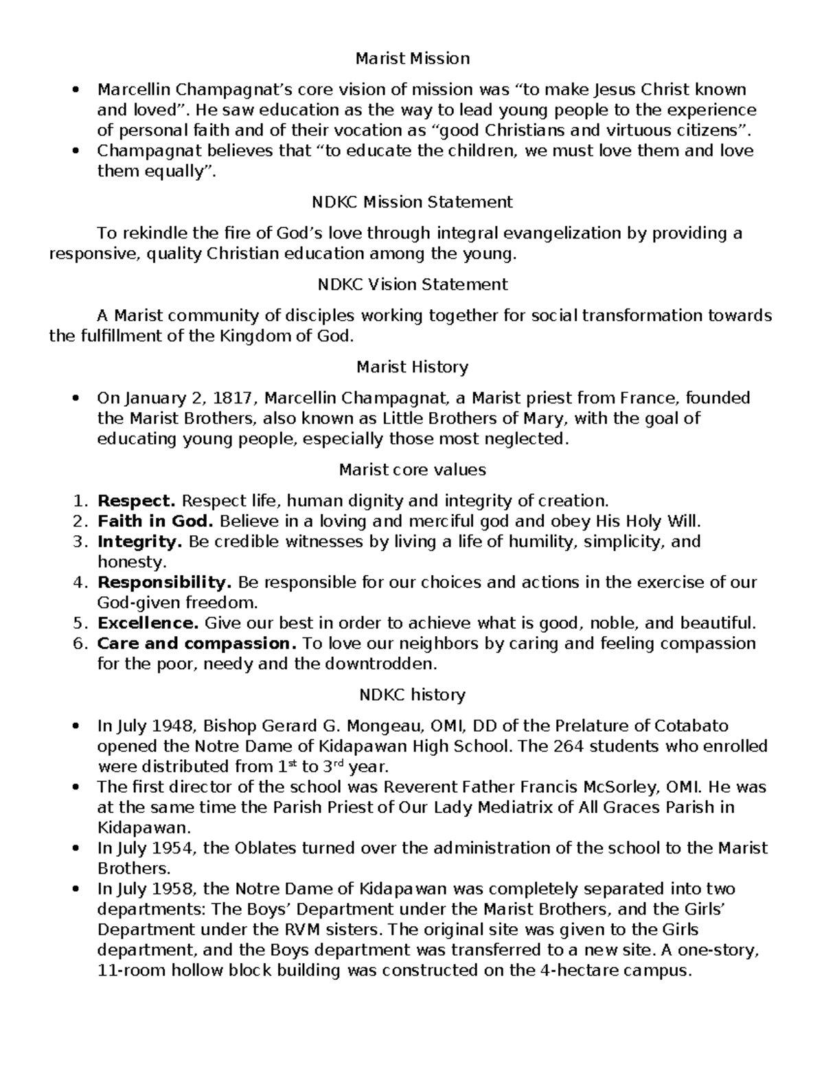 Marist Mission and Vision: NDKC Core Values and History Overview - Studocu