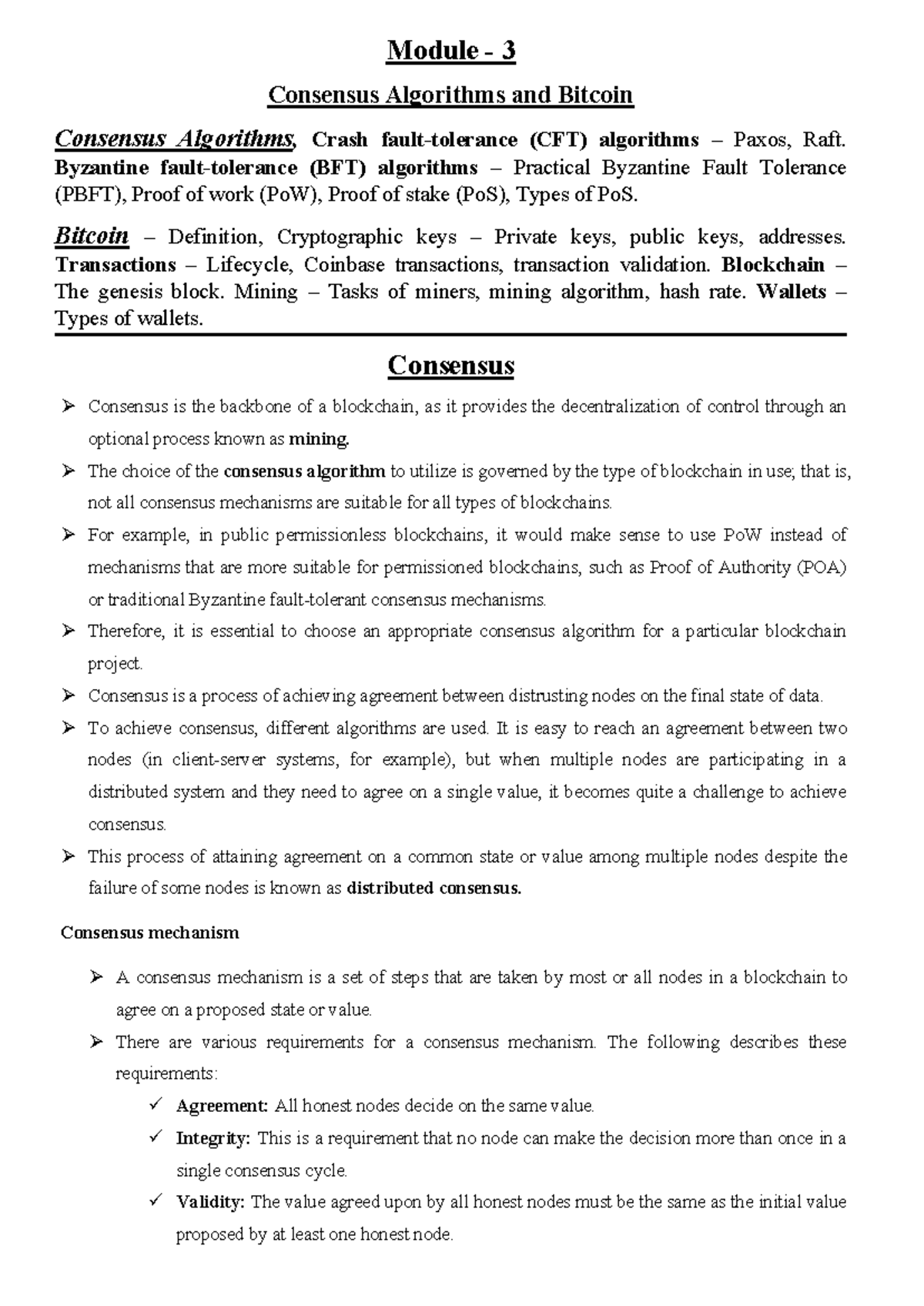 Module 3: Consensus Algorithms in Bitcoin - CFT, BFT, PoW, PoS - Studocu