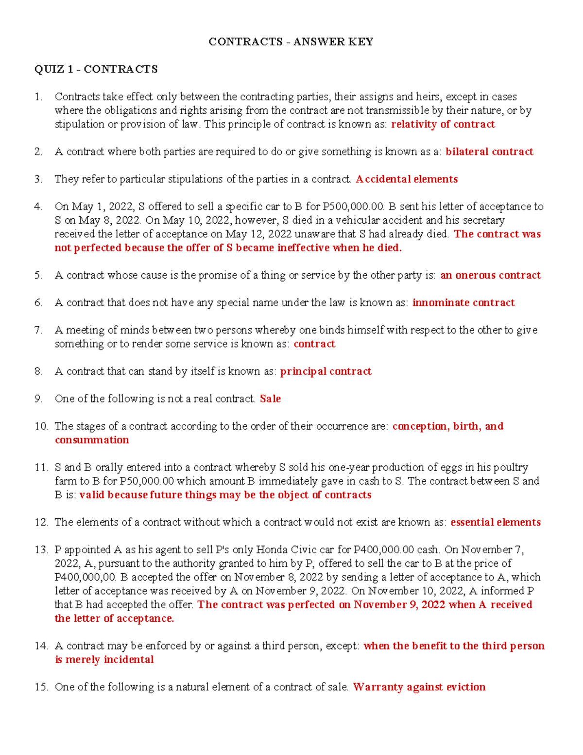 CONTRACTS 1: ANSWER KEY FOR QUIZ 1 & 2 ON OBLIGATIONS - Studocu