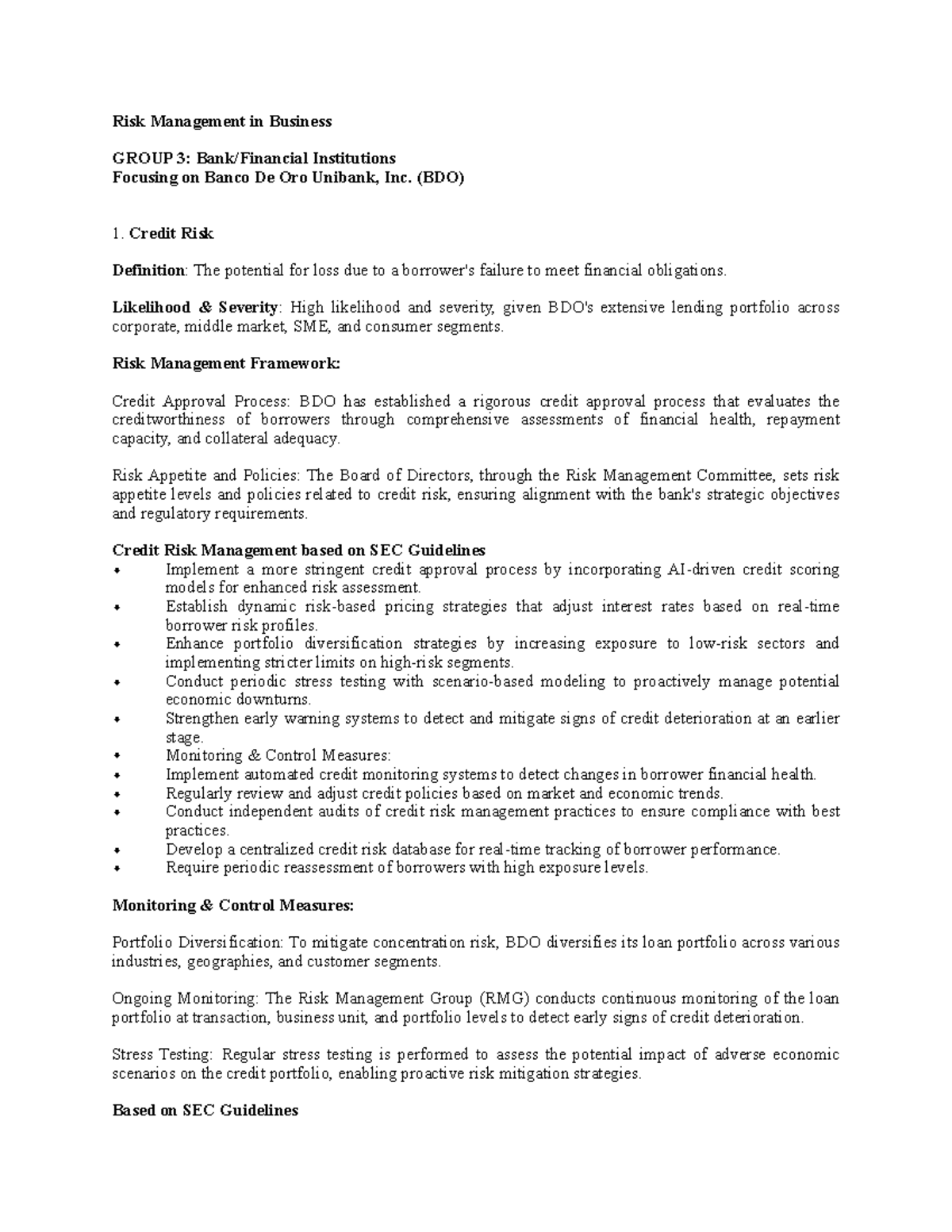 Risk Management Strategies for Banks: BDO Case Study Analysis - Studocu