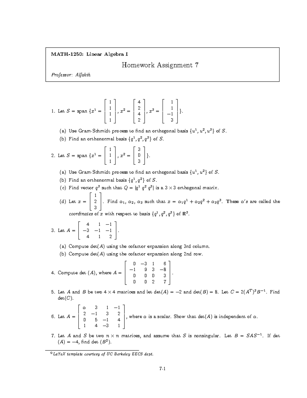 Hw7 - Homework assignment 7 - MATH-1250: Linear Algebra I Homework ...