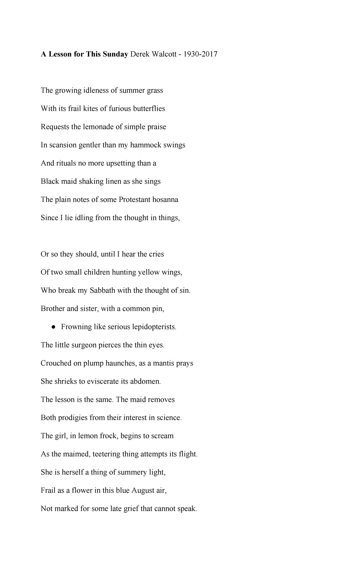 ENG 201: Analysis of "A Lesson for This Sunday" by Derek Walcott - Studocu