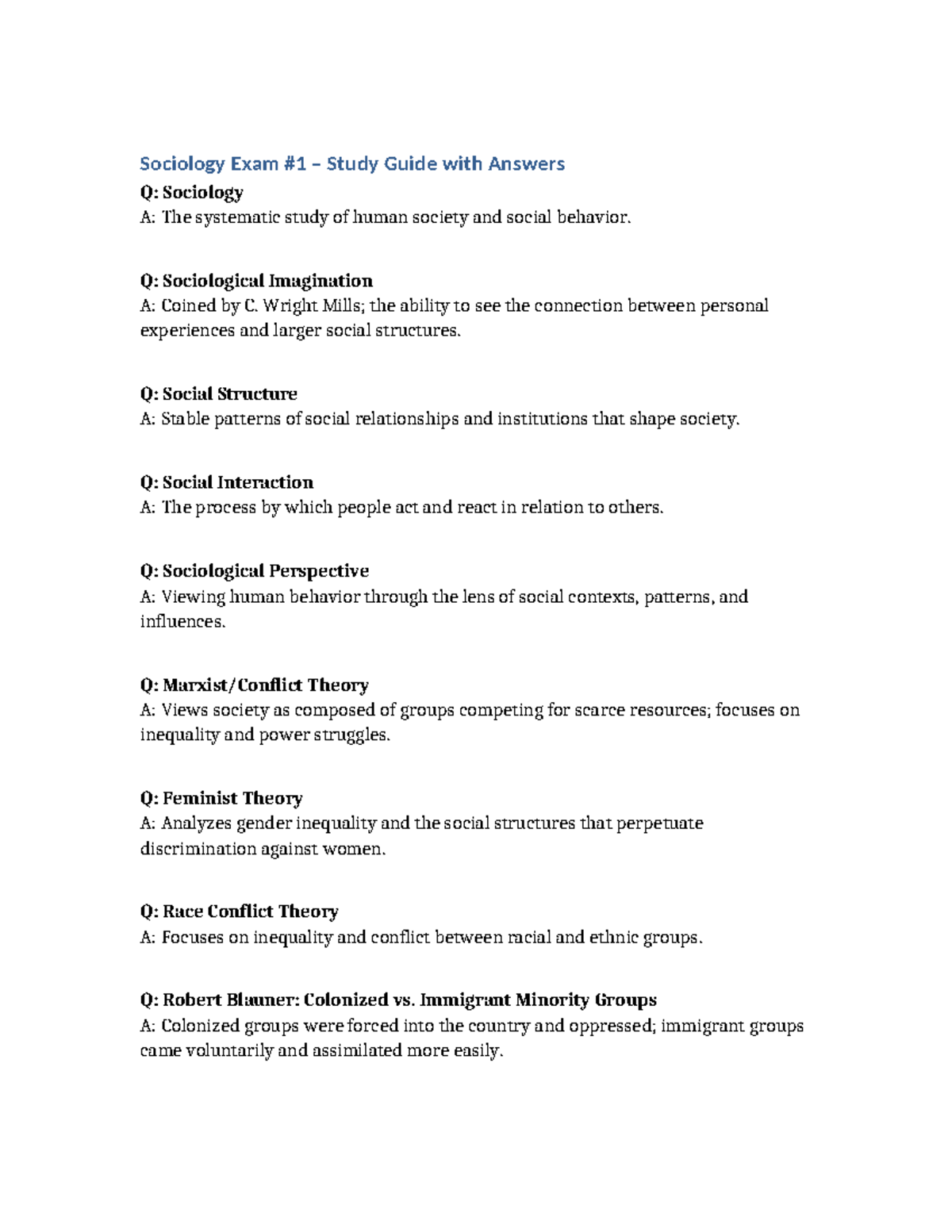 Sociology 101: Exam #1 Study Guide with Key Concepts & Answers - Studocu