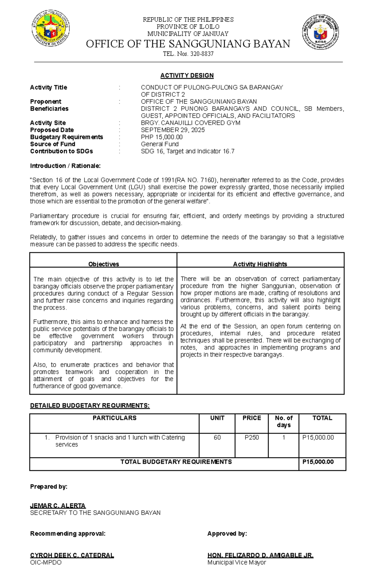 Activity Design for Barangay Sessions and Legislative Agenda (EO Series ...