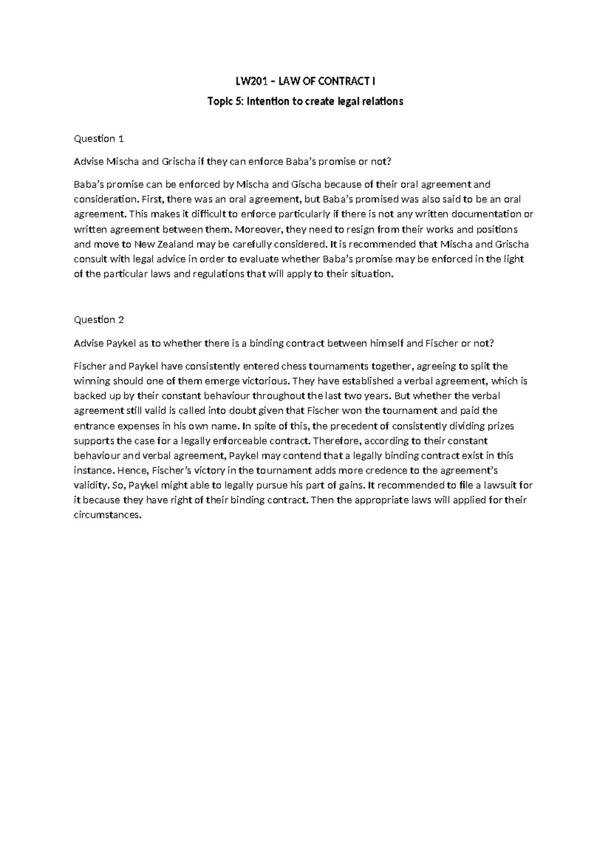 LW201 Tutorial 5: Intention to Create Legal Relations Explained - Studocu