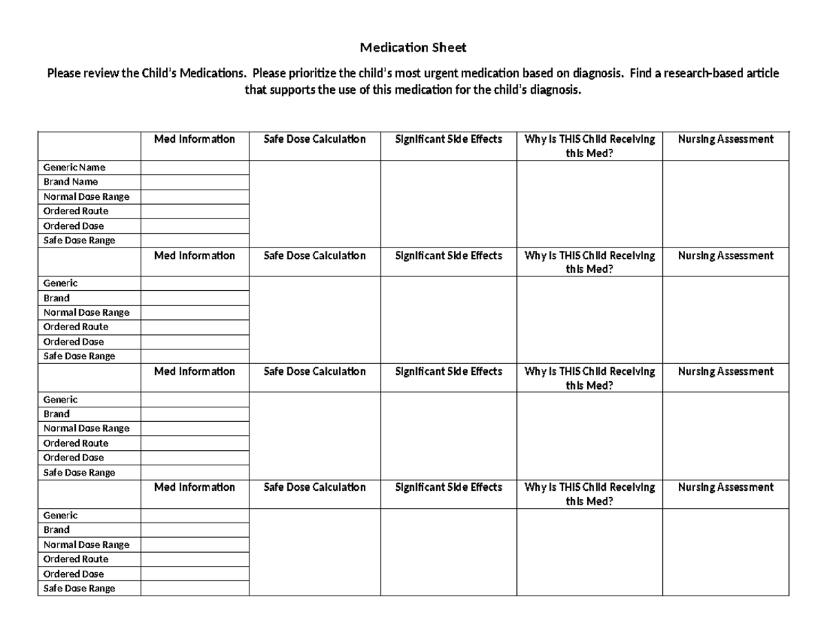 Child Medication Sheet: Urgent Meds, Dosage, & Nursing Assessments ...