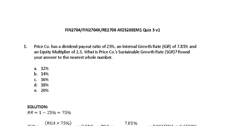 AY2526SEM1 Quiz 3 Solutions on Sustainable Growth Rate & Ratios - Studocu
