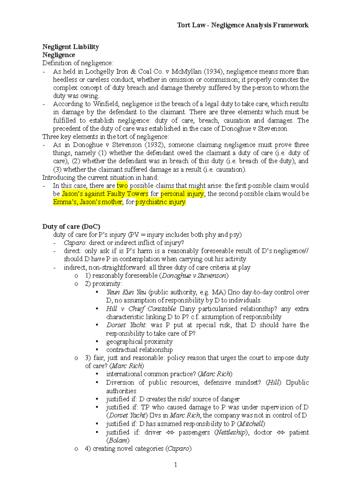 Tort Law (LAW101) Negligence Analysis Framework and Key Elements - Studocu