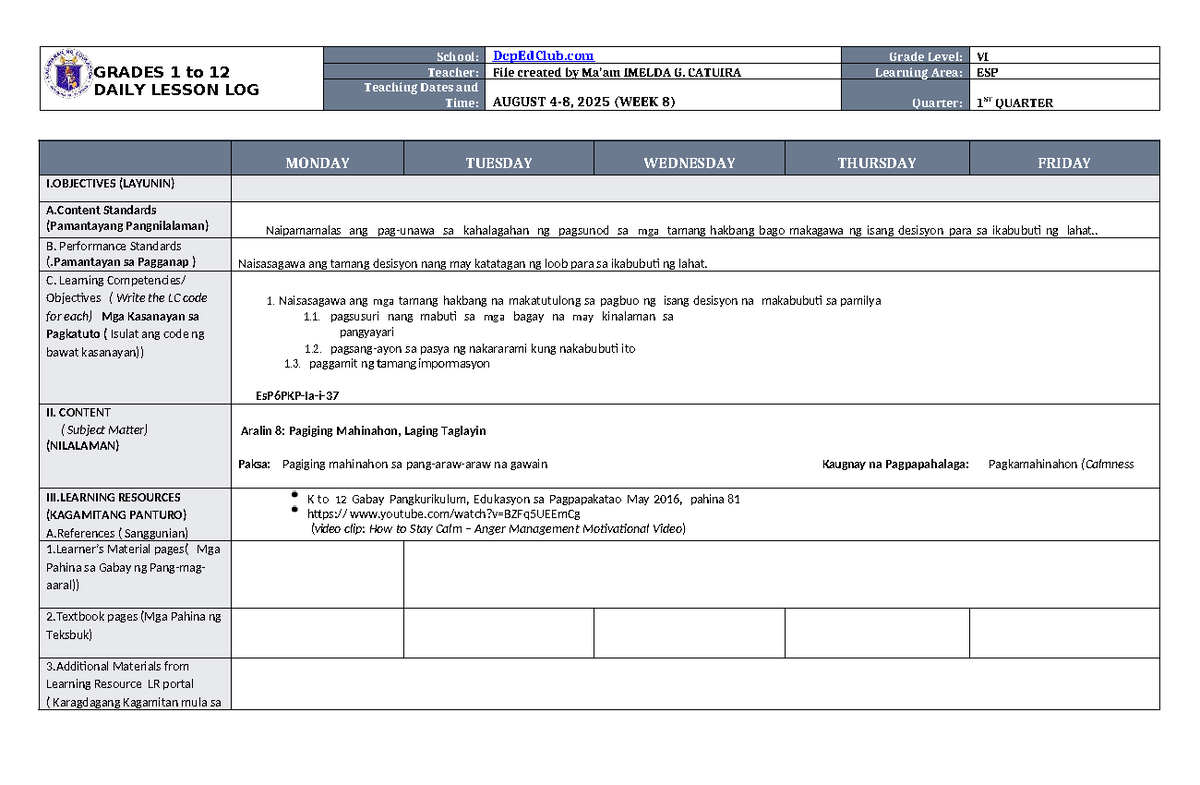 DLL ESP 6 Q1 W8: Daily Lesson Log for Grade 6 - Week 8 - Studocu