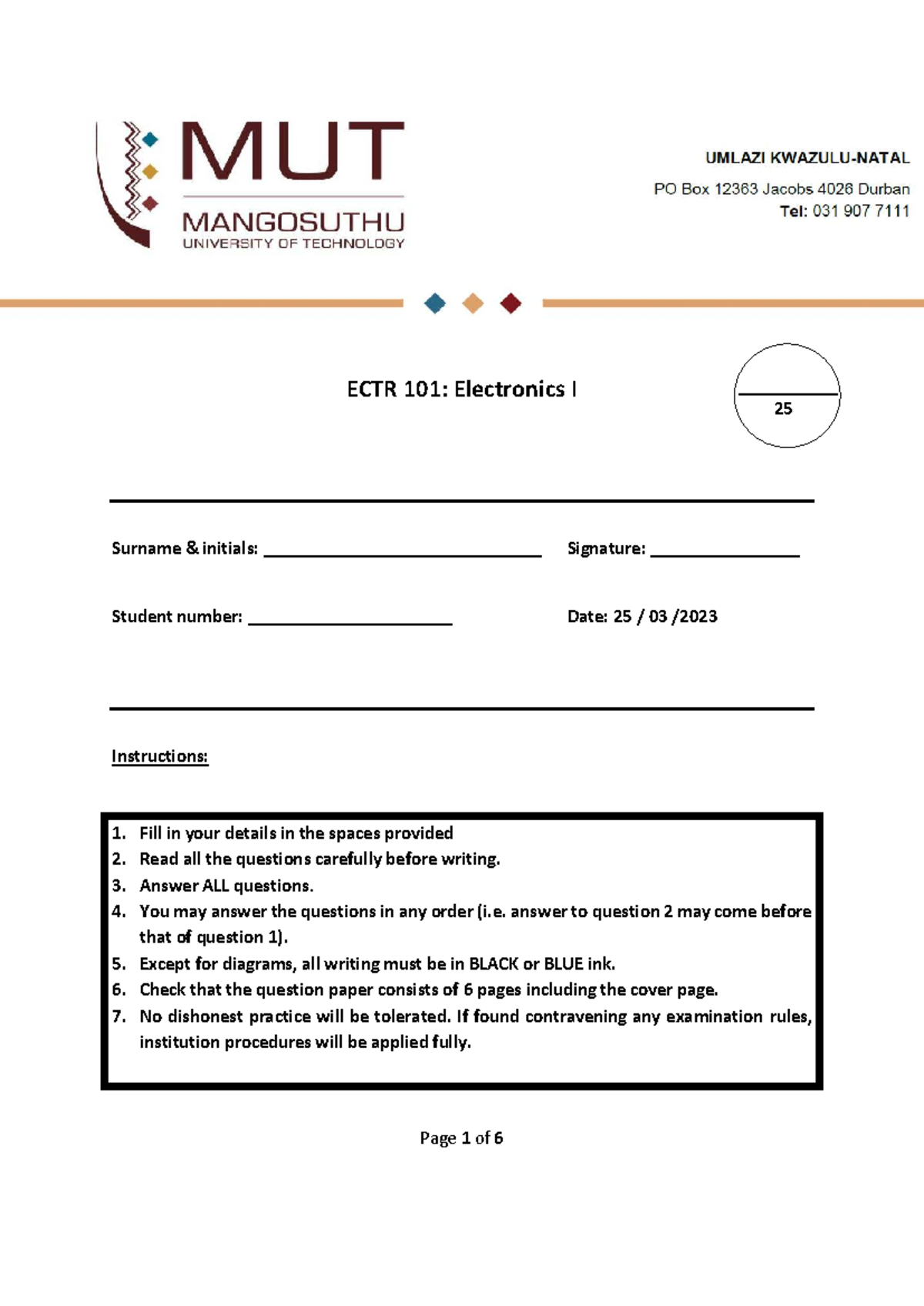 ECTR 101: Electronics I - T1 2023 - T2 Practice Exam Guide - Studocu