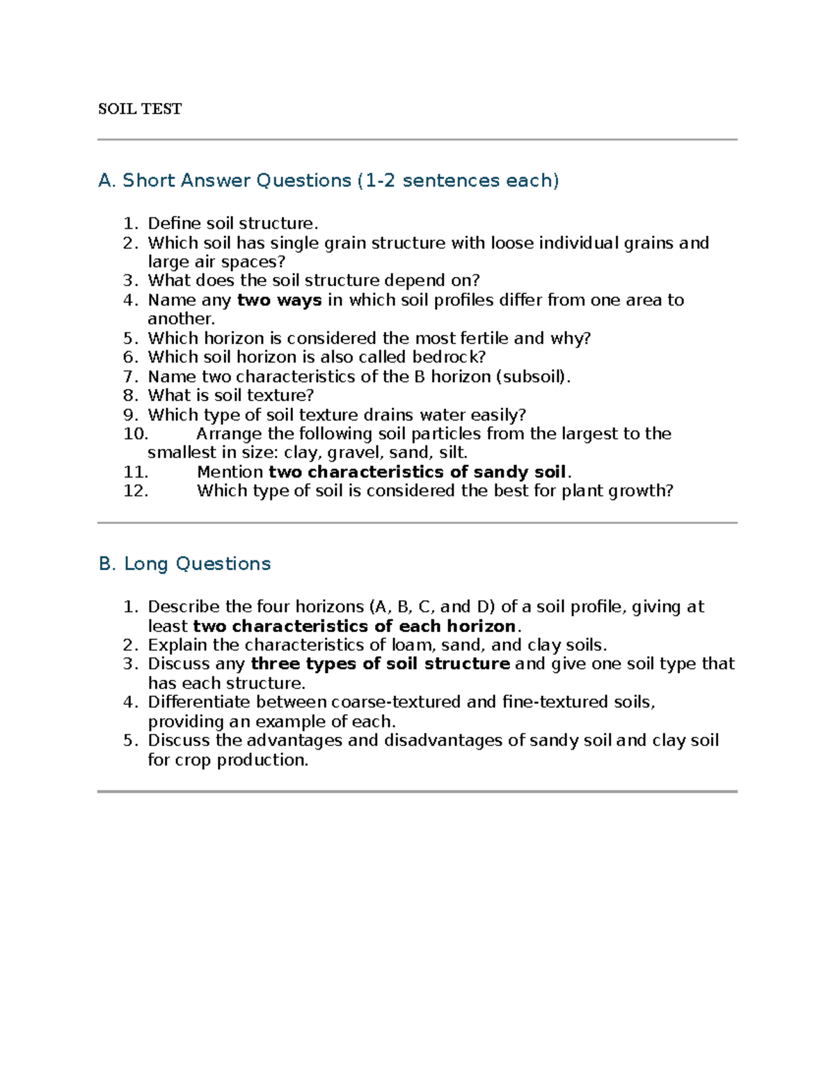 SOIL TEST: Short Answer & Long Questions on Soil Structure - Studocu